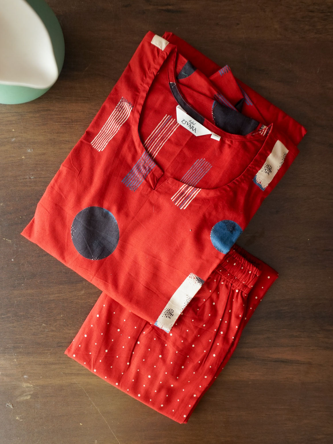 RED BLUE CIRCLE - TAMIRA - COMFY AND OFFICE WEAR pure handloom cotton Full length A- LINE  coord sets for women- Label Zivara