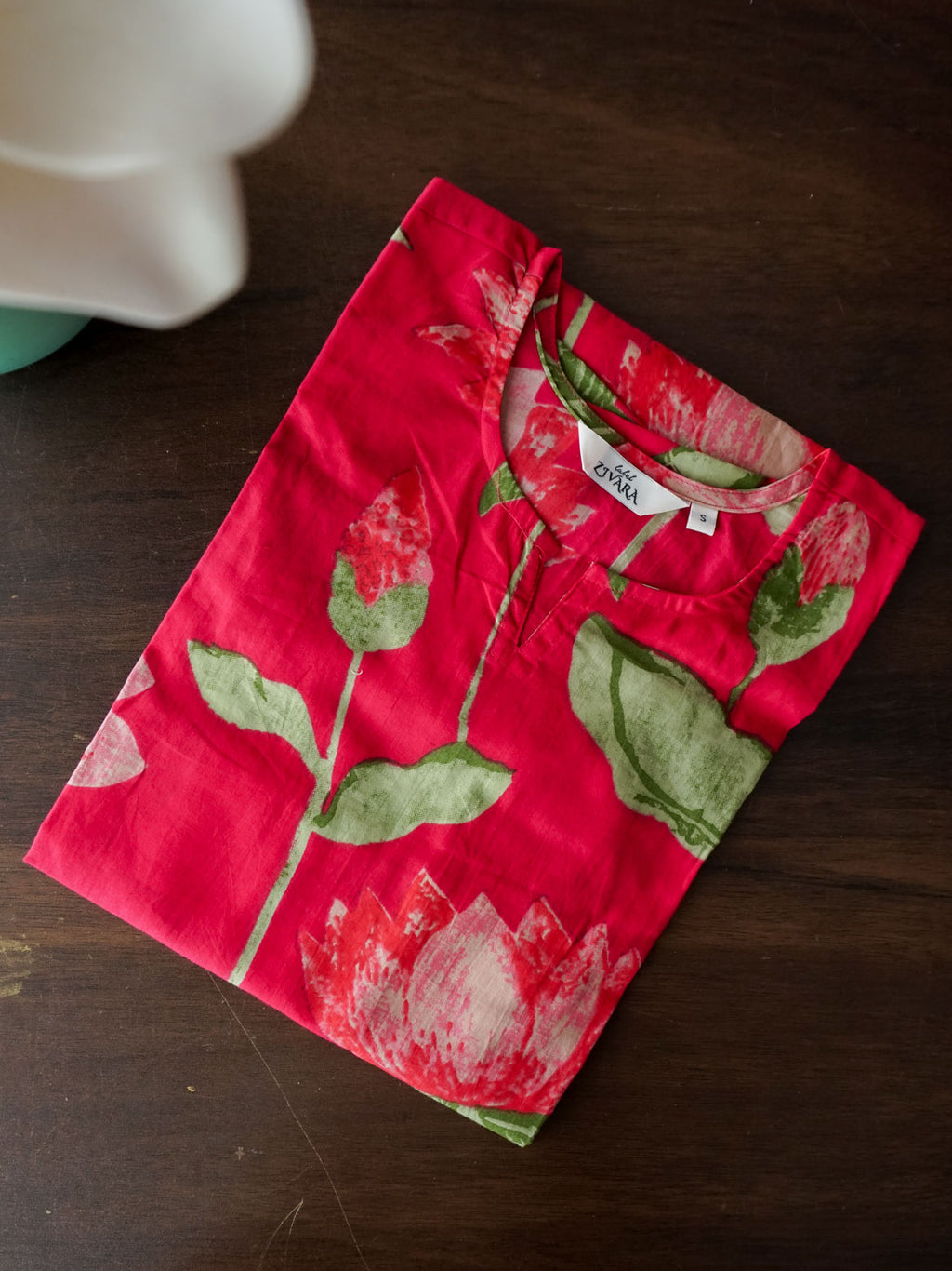Mira -PINK LOTUS BLOCK PRINT -Trending print cotton straight cut kurti for office wear - LABEL ZIVARA