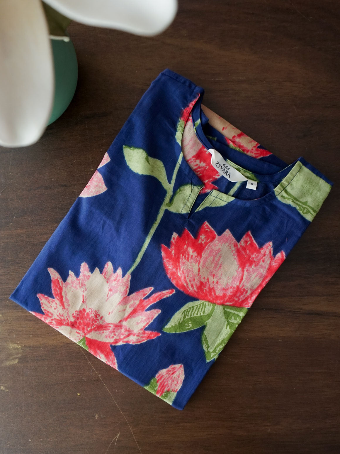 Mira -BLUE LOTUS    -Trending print cotton straight cut kurti for office wear - LABEL ZIVARA