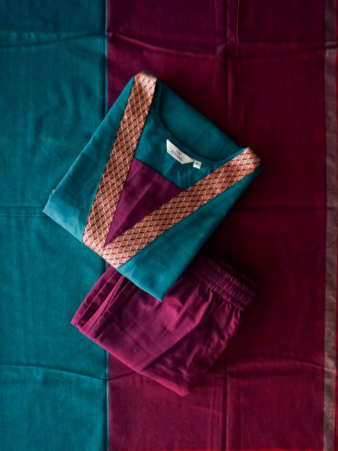 PREORDER - MEENAKSHI - TEAL BLUE + PURPLE  - OFFICE WEARS- HANDLOOM COTTON- SALWAR SUIT WITH DUPATTA - LABEL ZIVARA