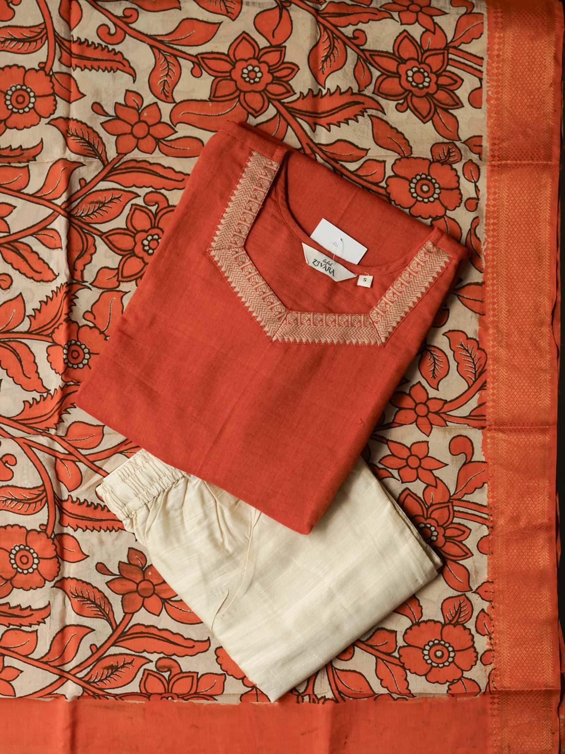 BHAVYA - ORANGE KALAMKARI- COTTON - SALWAR SUIT WITH DUPATTA - LABEL ZIVARA