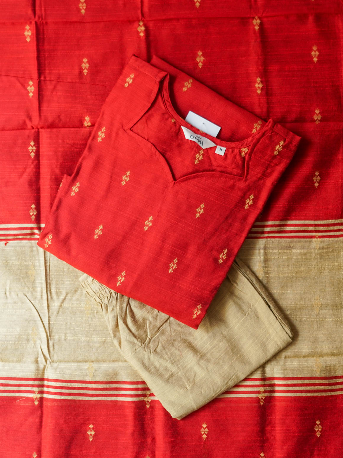 MANISHA- RED WITH SANDAL COLOUR SMALL BUTTA- RAW SILK  SALWAR SUIT WITH DUPATTA - LABEL ZIVARA