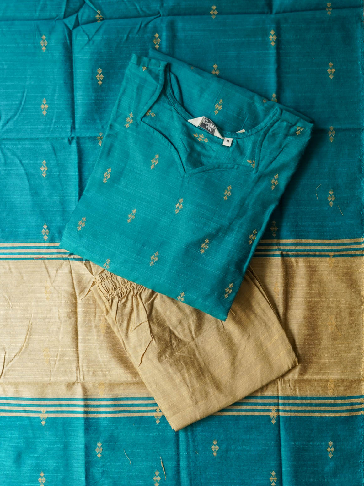 MANISHA- SKY BLUE WITH SANDAL COLOUR SMALL BUTTA- RAW SILK- SALWAR SUIT WITH DUPATTA - LABEL ZIVARA