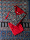 DRISHYA- BLOOD RED WITH AJRAKH- COTTON - SALWAR SUIT WITH DUPATTA - LABEL ZIVARA
