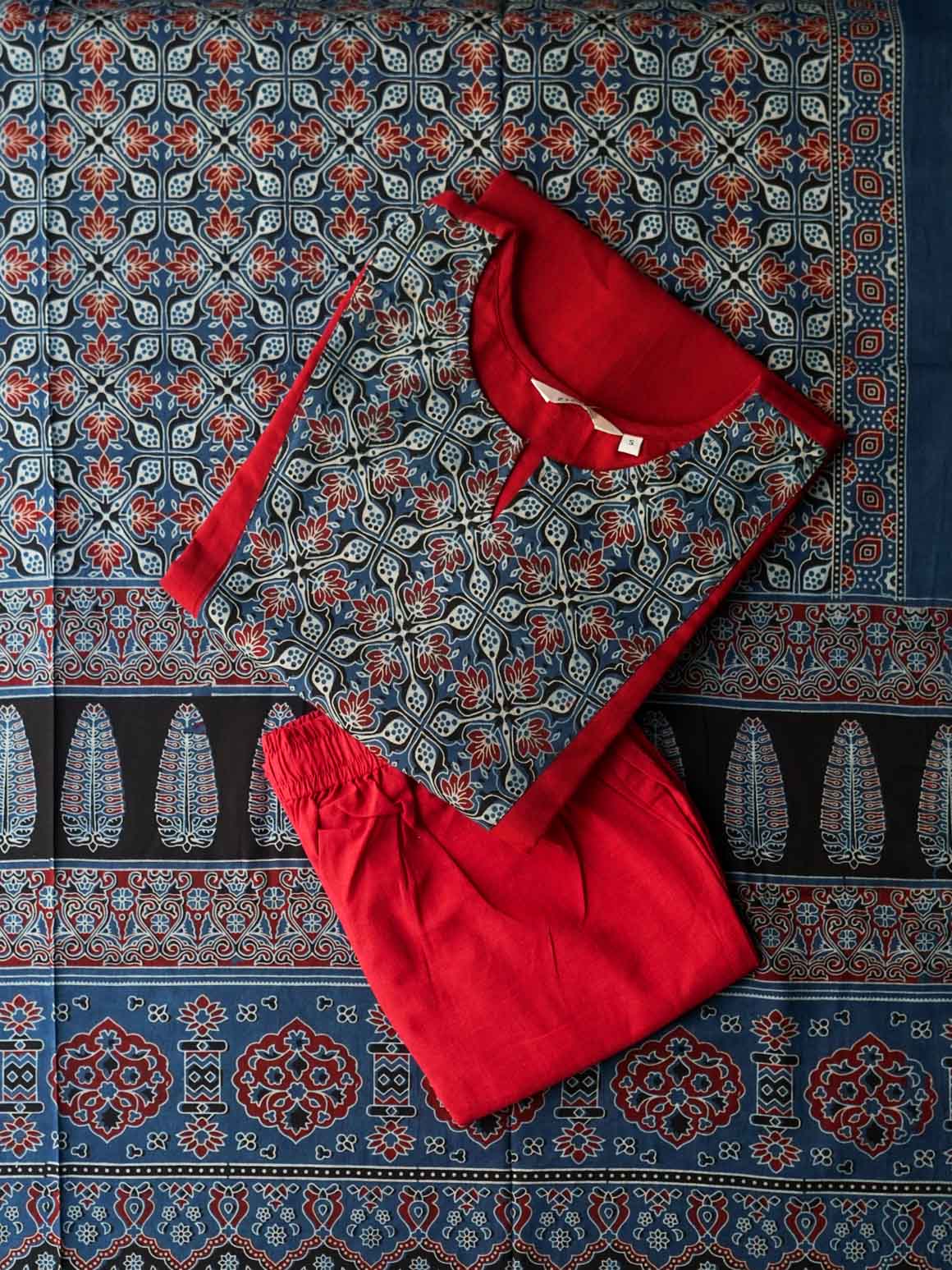 DRISHYA- BLOOD RED WITH AJRAKH- COTTON - SALWAR SUIT WITH DUPATTA - LABEL ZIVARA