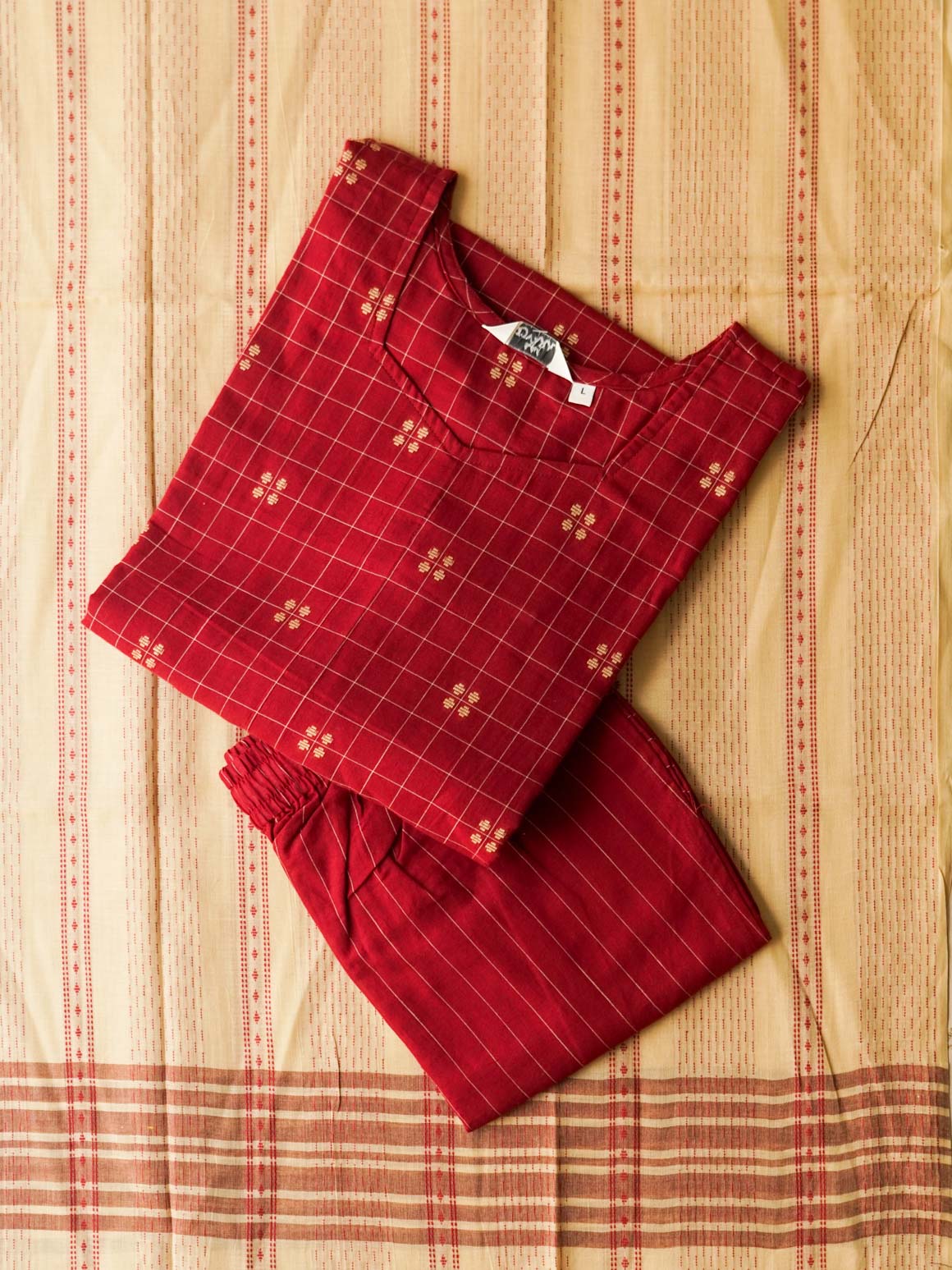 SINDHU - MAROON CHECKS WITH BUTTA - HANDLOOM COTTON - SALWAR SUIT WITH DUPATTA - LABEL ZIVARA