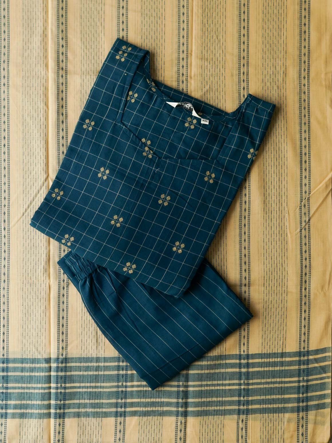 SINDHU - TEAL BLUE CHECKS WITH BUTTA - HANDLOOM COTTON - SALWAR SUIT WITH DUPATTA - LABEL ZIVARA
