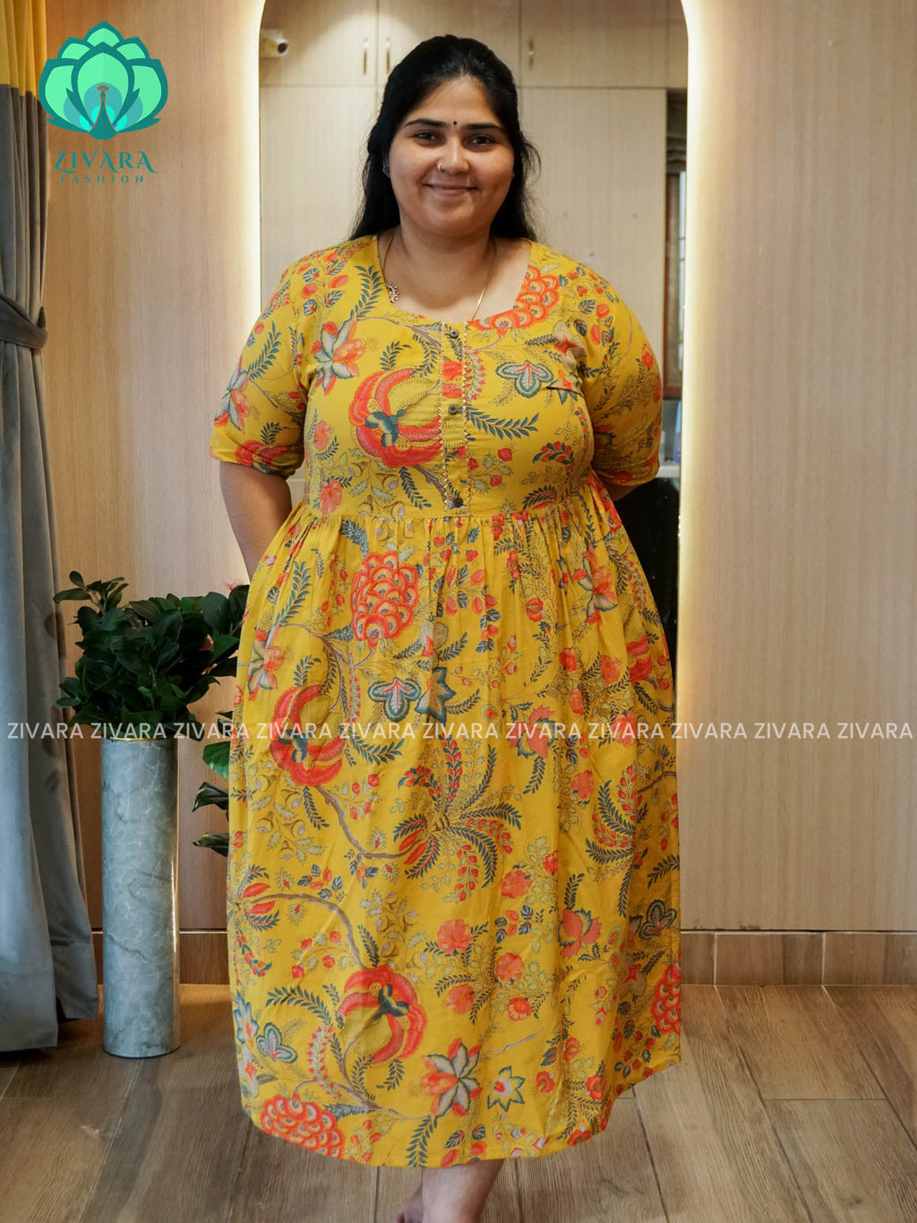 Manvi - Yellow  floral cotton long COMFY  maxi for women- Label Zivara