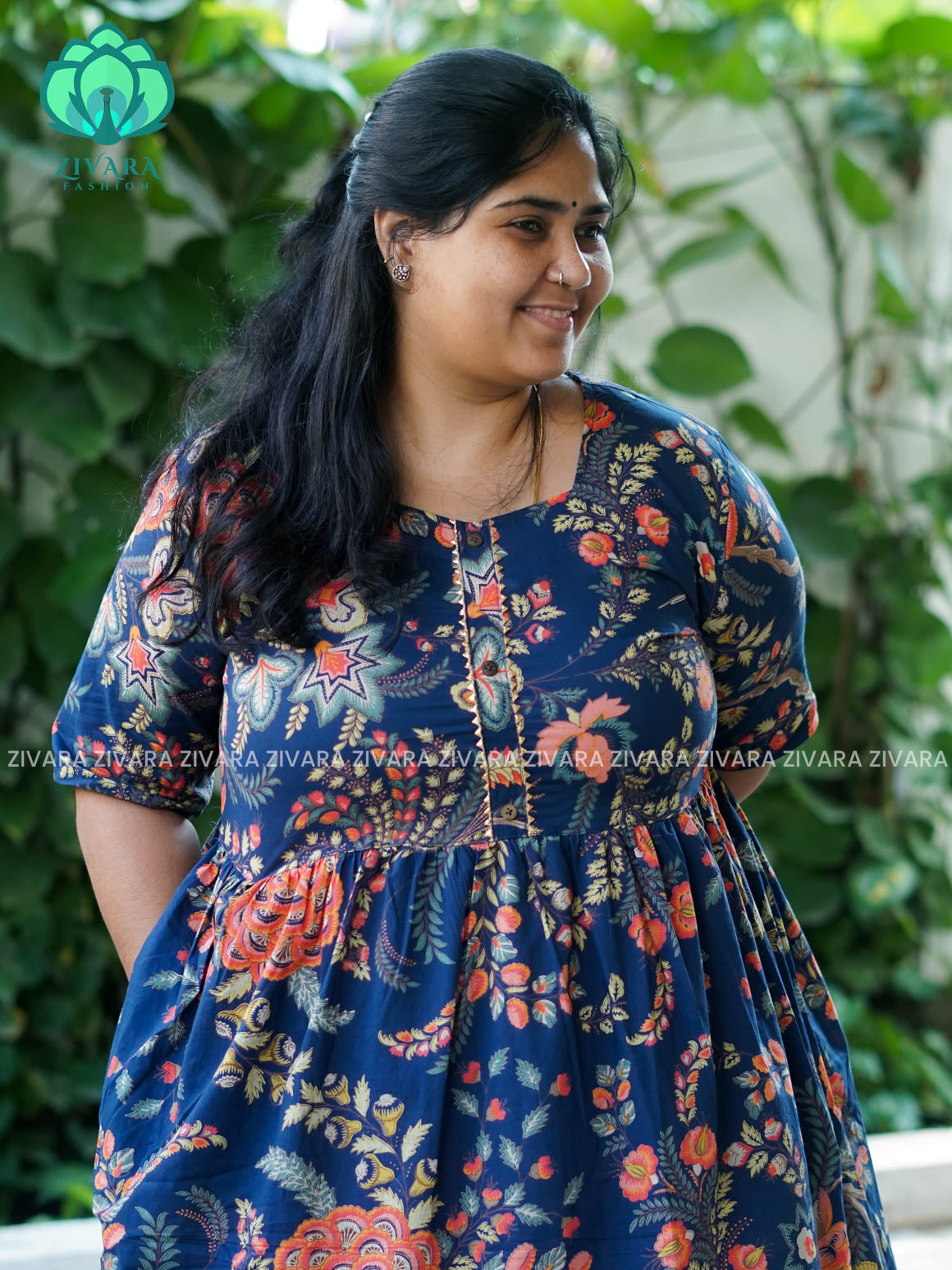 Manvi - Blue   floral cotton long COMFY  maxi for women- Label Zivara