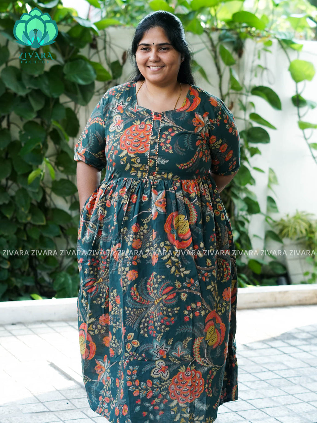 Manvi - Green    floral cotton long COMFY  maxi for women- Label Zivara