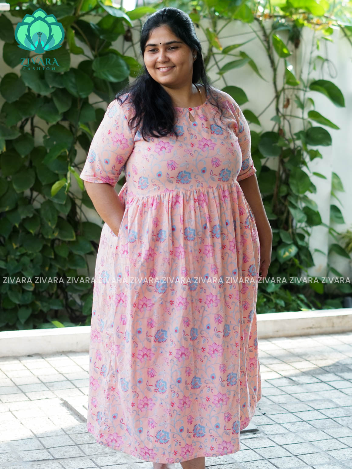 Manvi - Peach floral cotton long COMFY  maxi for women- Label Zivara