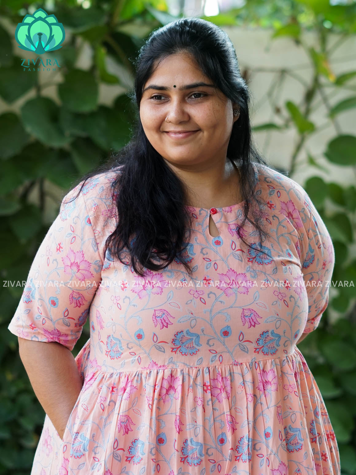 Manvi - Peach floral cotton long COMFY  maxi for women- Label Zivara