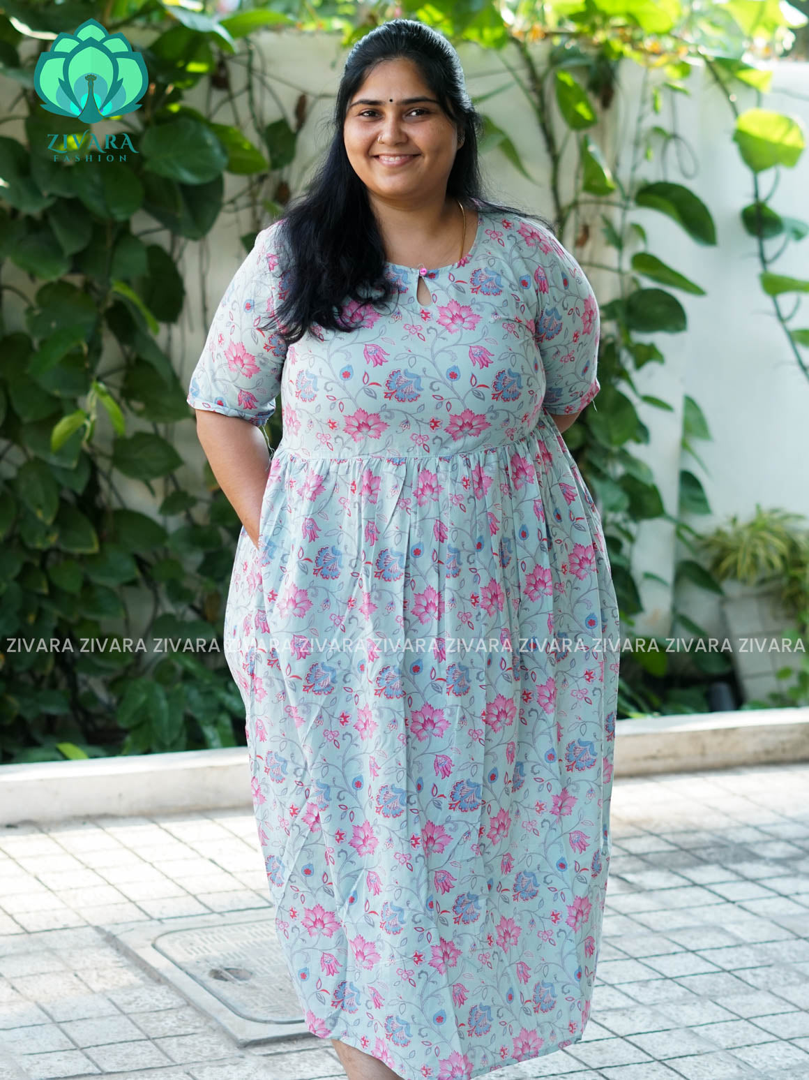 Manvi - Pastel Green floral cotton long COMFY  maxi for women- Label Zivara