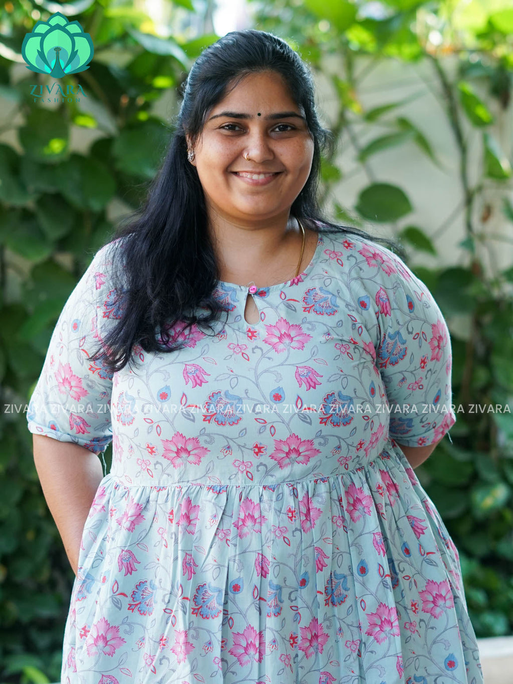 Manvi - Pastel Green floral cotton long COMFY  maxi for women- Label Zivara