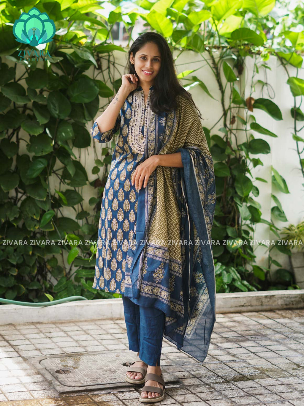 AHAANA - TEAL BLUE  OFFICE WEARS- MUL COTTON - SALWAR SUIT WITH DUPATTA - LABEL ZIVARA