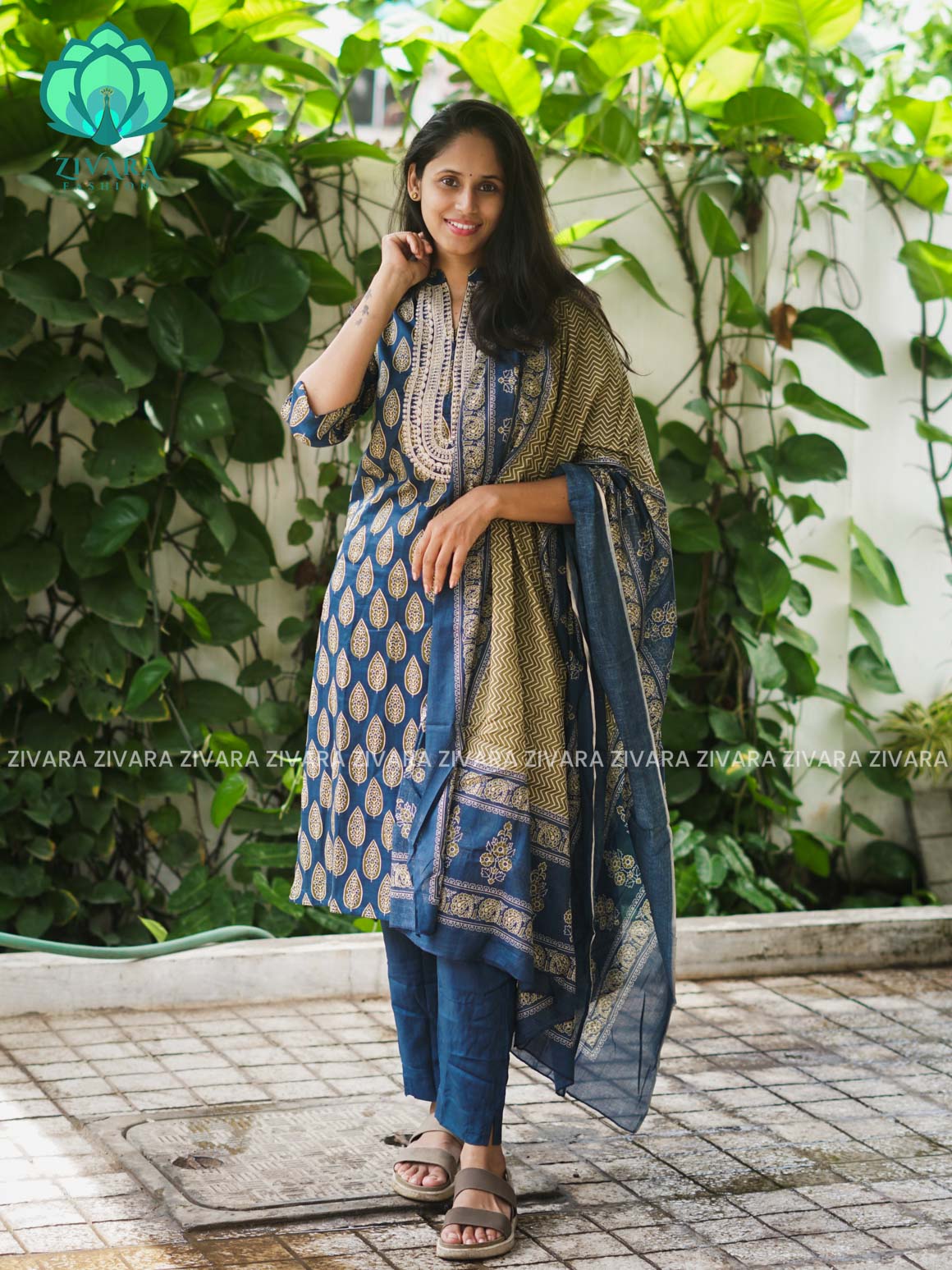 AHAANA - TEAL BLUE  OFFICE WEARS- MUL COTTON - SALWAR SUIT WITH DUPATTA - LABEL ZIVARA