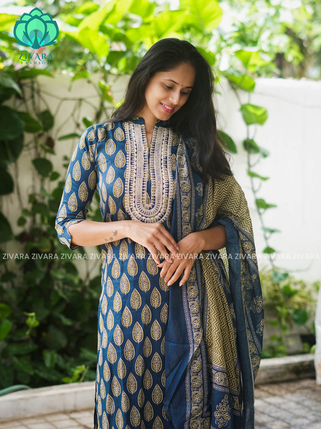 AHAANA - TEAL BLUE  OFFICE WEARS- MUL COTTON - SALWAR SUIT WITH DUPATTA - LABEL ZIVARA