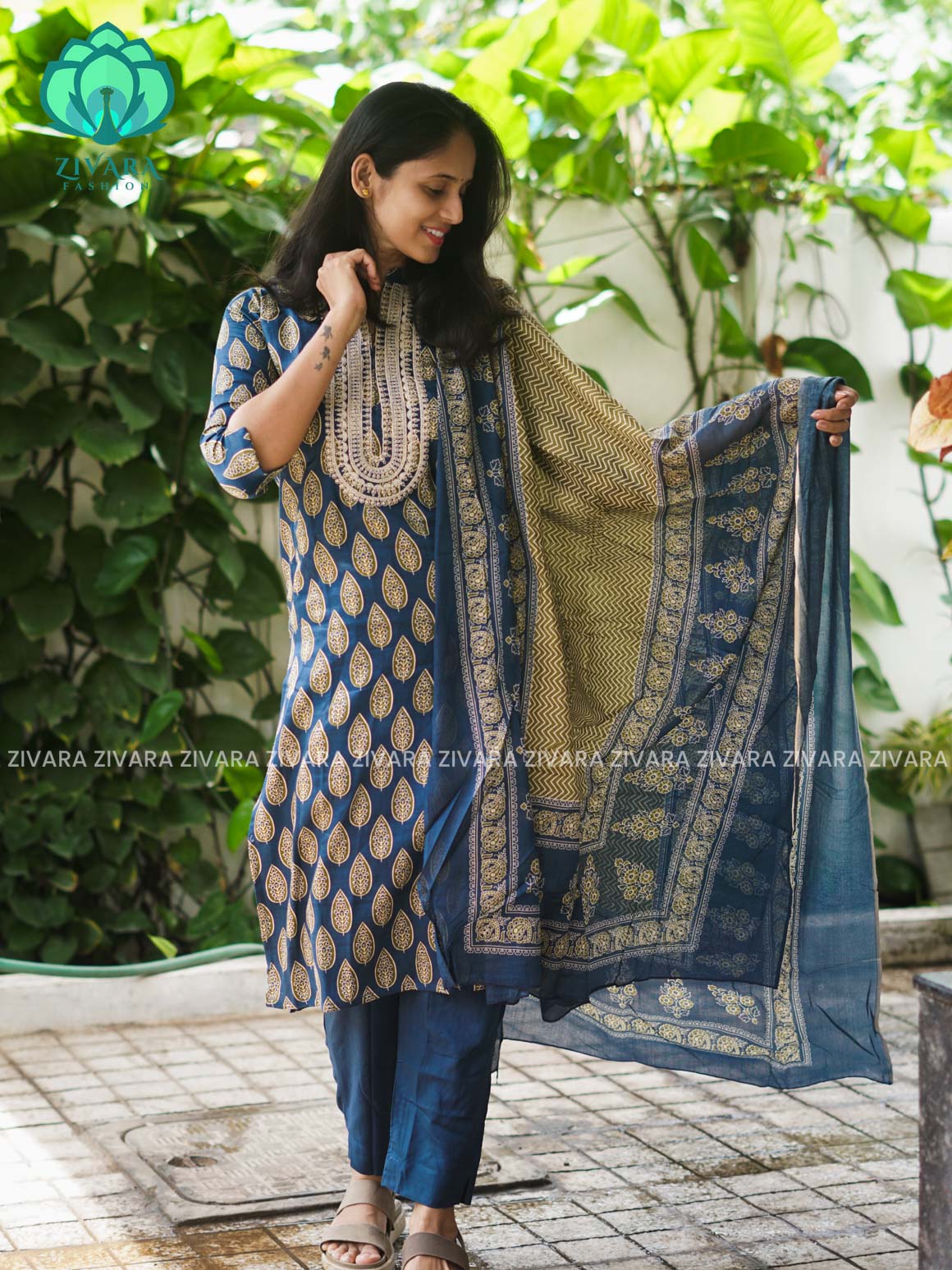 AHAANA - TEAL BLUE  OFFICE WEARS- MUL COTTON - SALWAR SUIT WITH DUPATTA - LABEL ZIVARA