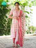 MANASA - Pink  - Office wear HANDLOOM SEMI LINEN PATCH WORK - SALWAR SUIT WITH DUPATTA - LABEL ZIVARA