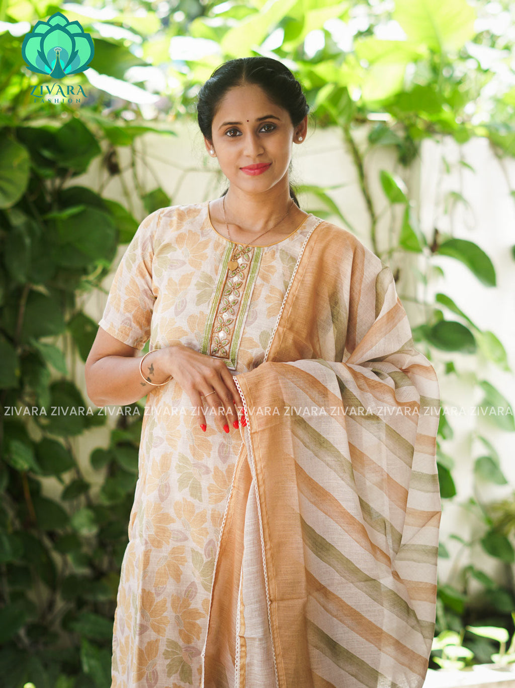 MANASA - YELLOW - Office wear HANDLOOM SEMI LINEN PATCH WORK - SALWAR SUIT WITH DUPATTA - LABEL ZIVARA