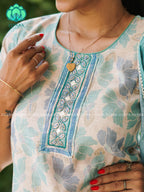 MANASA - YELLOW - Office wear HANDLOOM SEMI LINEN PATCH WORK - SALWAR SUIT WITH DUPATTA - LABEL ZIVARA