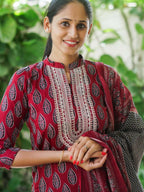 AHAANA - RED AND BLACK  OFFICE WEARS- MUL COTTON - SALWAR SUIT WITH DUPATTA - LABEL ZIVARA