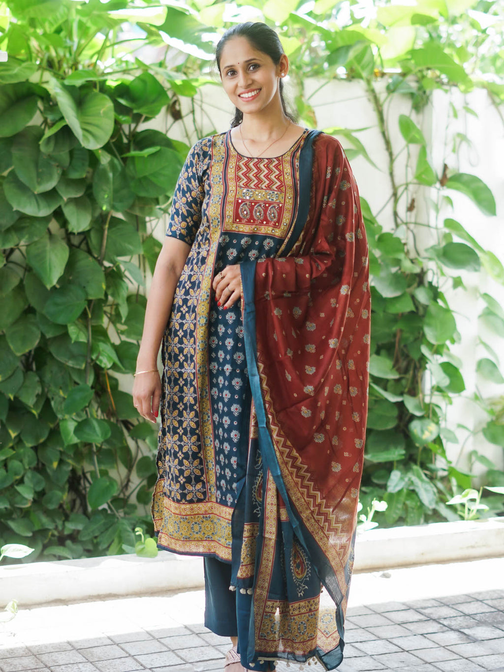 Mridula GREEN AJRAKH OFFICE WEARS- MUL COTTON - SALWAR SUIT WITH DUPATTA - LABEL ZIVARA