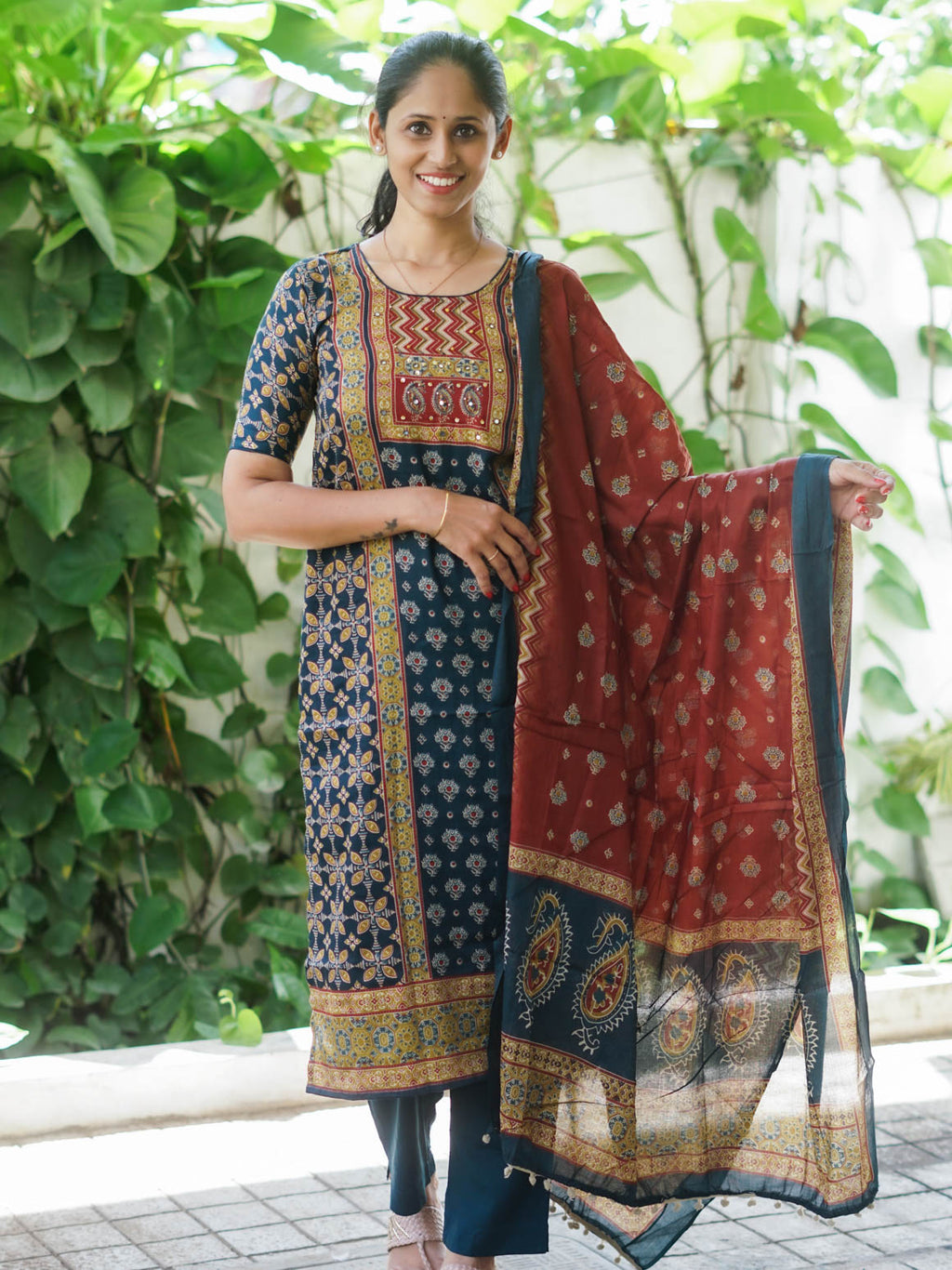 Mridula GREEN AJRAKH OFFICE WEARS- MUL COTTON - SALWAR SUIT WITH DUPATTA - LABEL ZIVARA