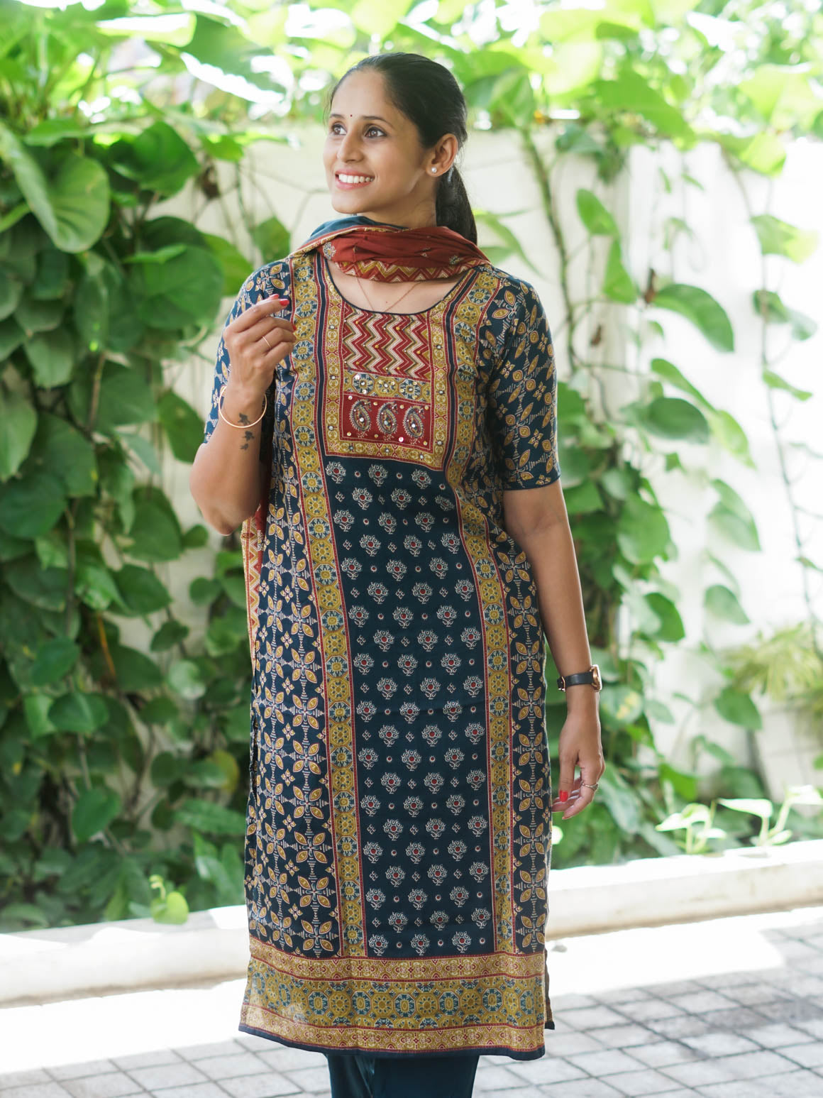 Mridula GREEN AJRAKH OFFICE WEARS- MUL COTTON - SALWAR SUIT WITH DUPATTA - LABEL ZIVARA