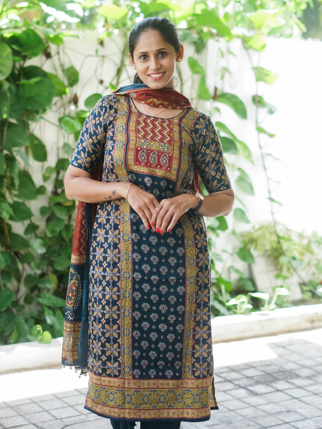 Mridula GREEN AJRAKH OFFICE WEARS- MUL COTTON - SALWAR SUIT WITH DUPATTA - LABEL ZIVARA