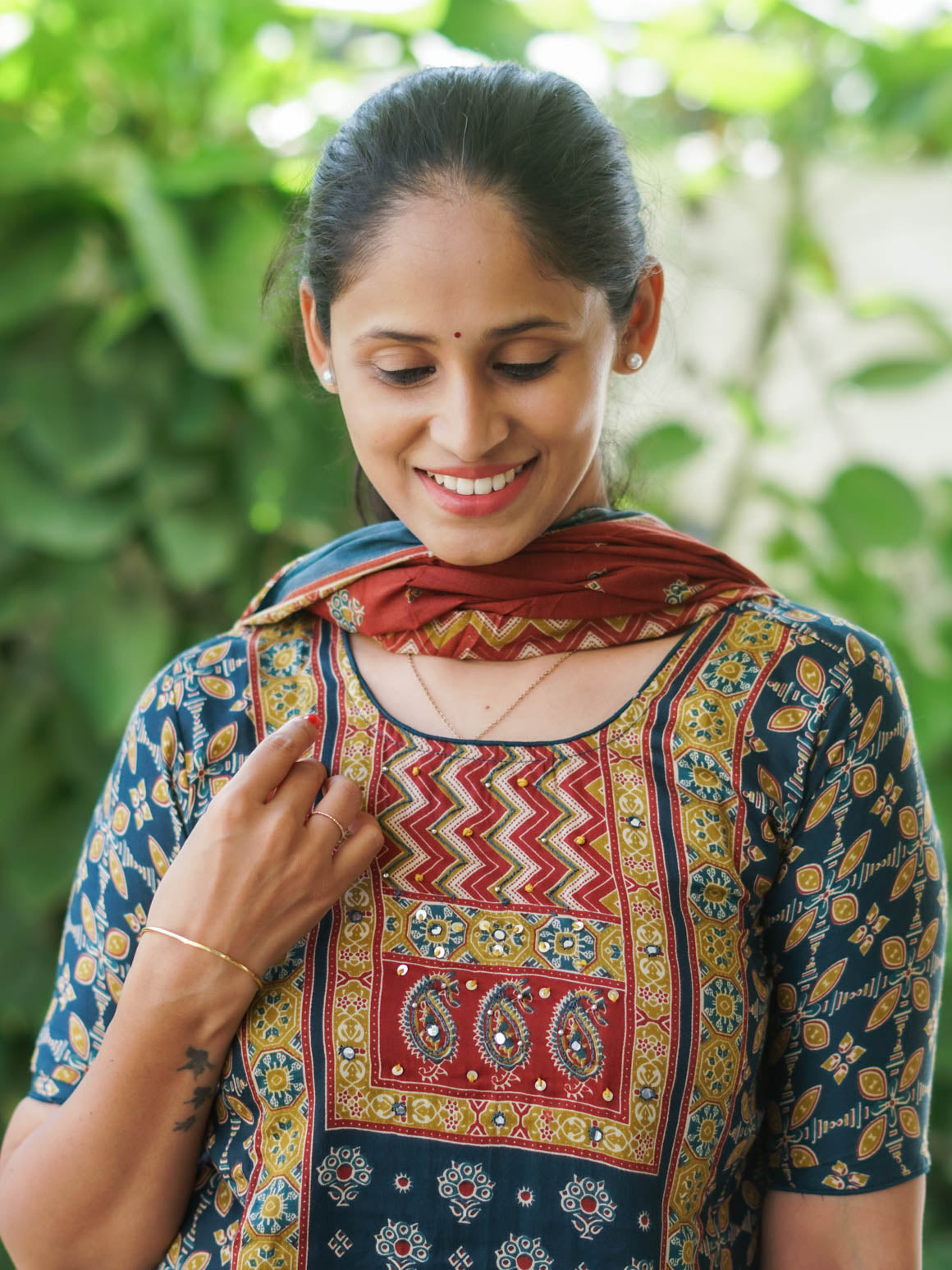 Mridula GREEN AJRAKH OFFICE WEARS- MUL COTTON - SALWAR SUIT WITH DUPATTA - LABEL ZIVARA