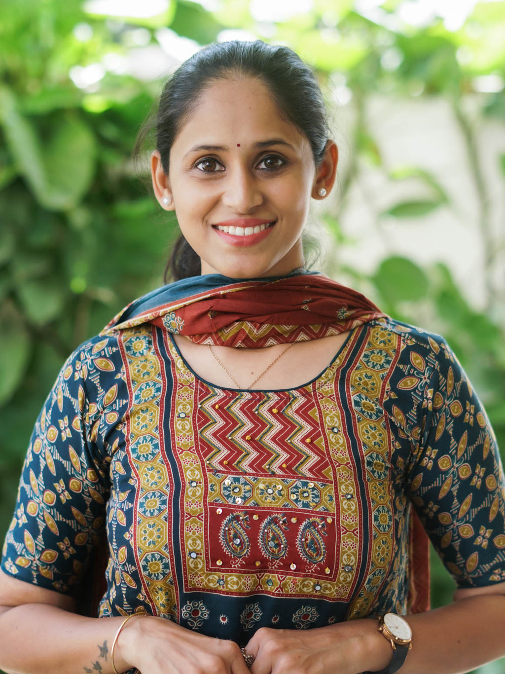 Mridula GREEN AJRAKH OFFICE WEARS- MUL COTTON - SALWAR SUIT WITH DUPATTA - LABEL ZIVARA