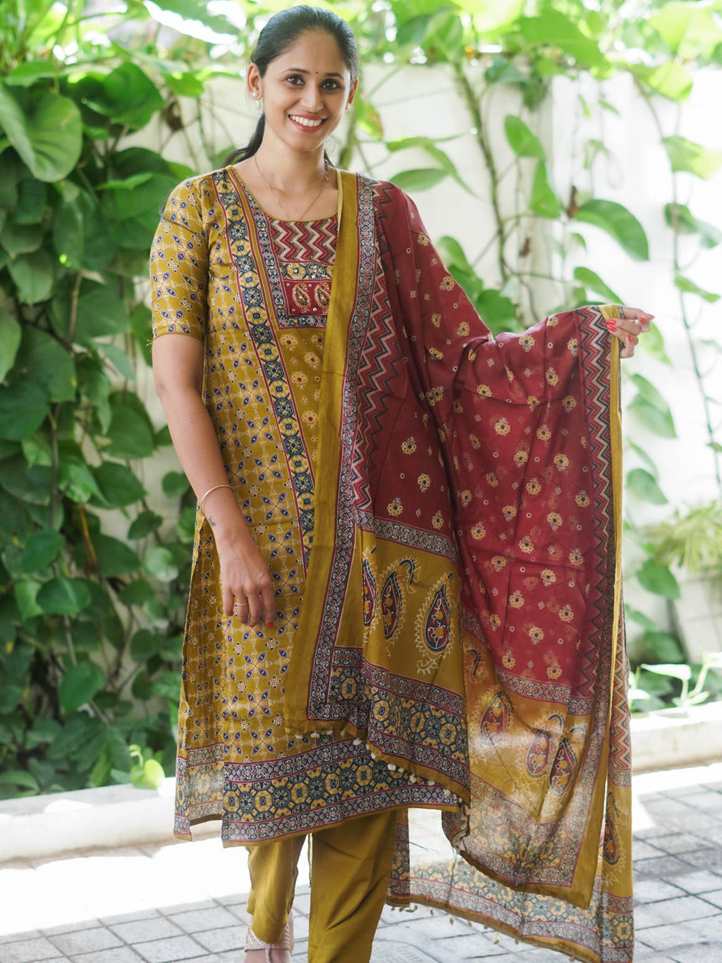 Mridula - YELLOW  AJRAKH OFFICE WEARS- MUL COTTON - SALWAR SUIT WITH DUPATTA - LABEL ZIVARA