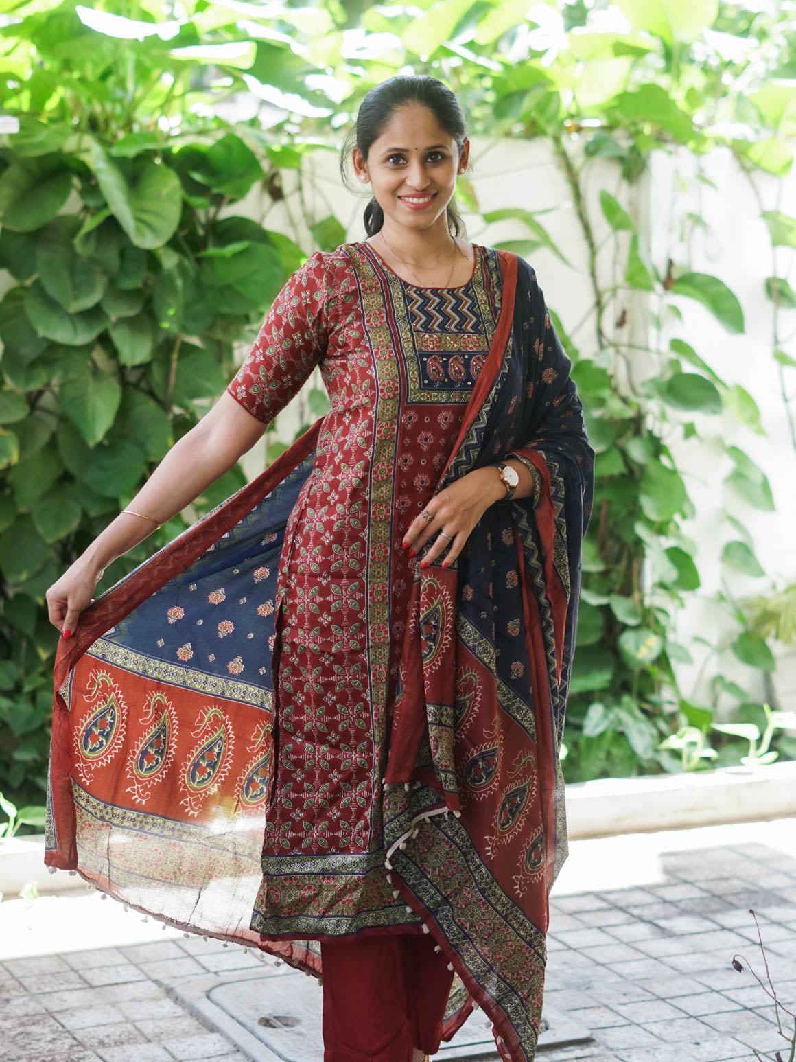Mridula - MUD BROWN AJRAKH OFFICE WEARS- MUL COTTON - SALWAR SUIT WITH DUPATTA - LABEL ZIVARA