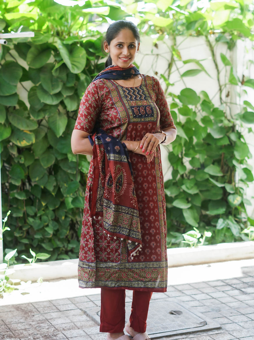 Mridula - MUD BROWN AJRAKH OFFICE WEARS- MUL COTTON - SALWAR SUIT WITH DUPATTA - LABEL ZIVARA