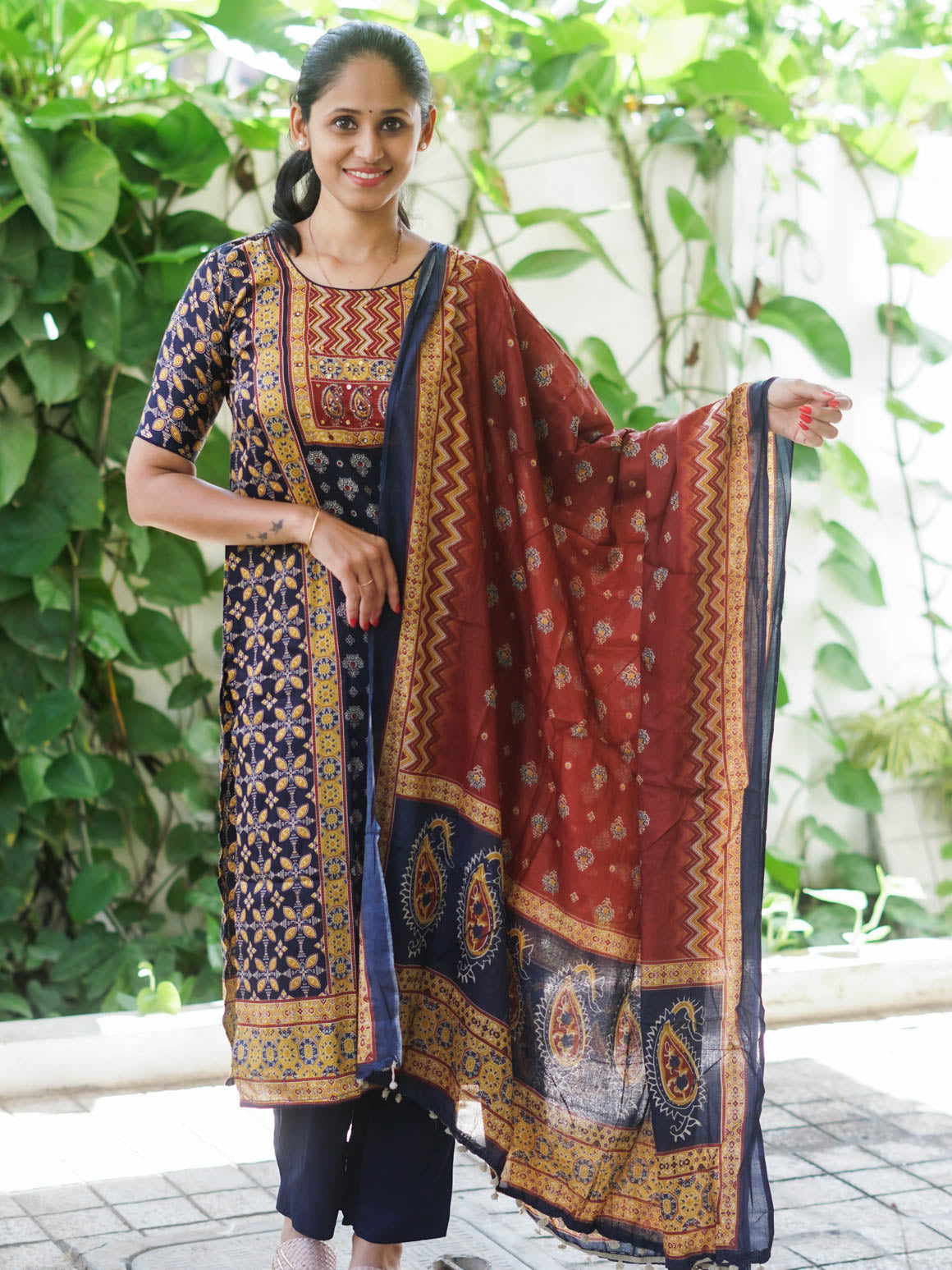 Mridula - Blue AJRAKH OFFICE WEARS- MUL COTTON - SALWAR SUIT WITH DUPATTA - LABEL ZIVARA