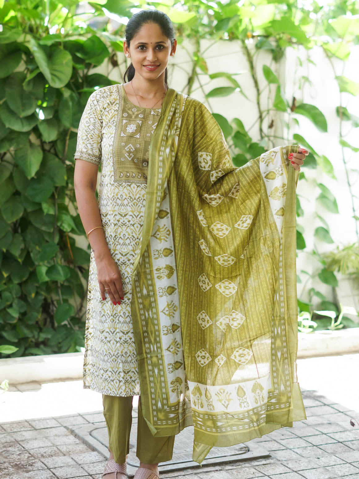 DHANYA - GREEN - Office wear HANDLOOM cotton PATCH WORK - SALWAR SUIT WITH DUPATTA - LABEL ZIVARA