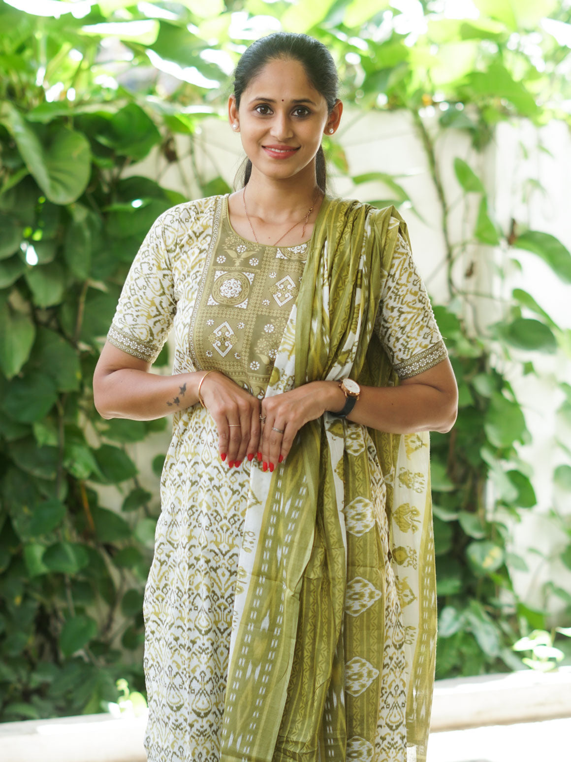 DHANYA - GREEN - Office wear HANDLOOM cotton PATCH WORK - SALWAR SUIT WITH DUPATTA - LABEL ZIVARA