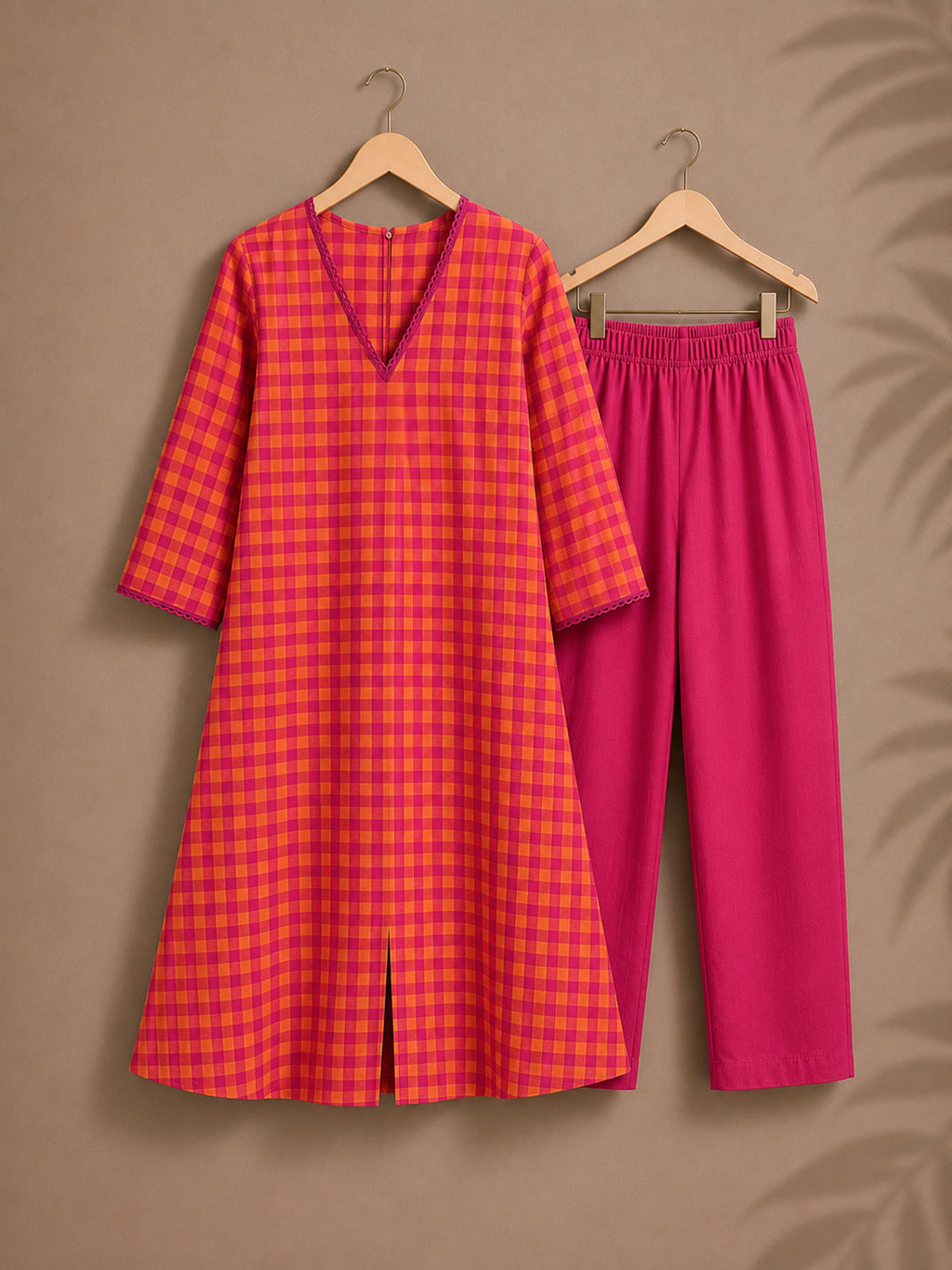 CHENNAI KATTAM - ORANGE PINK - TAMIRA - COMFY AND OFFICE WEAR pure handloom cotton Full length A-LINE coord sets for women- Label Zivara
