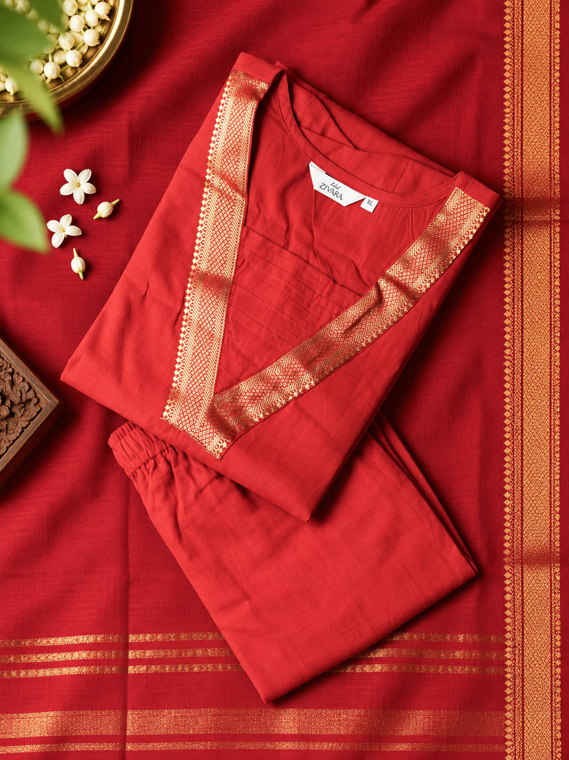 SHREYA - RED HANDLOOM COTTON - SALWAR SUIT WITH DUPATTA - LABEL ZIVARA