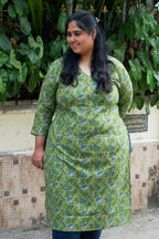 Mira - GREEN AND BLUE LEAF  -Trending print cotton straight cut kurti for office wear - LABEL ZIVARA