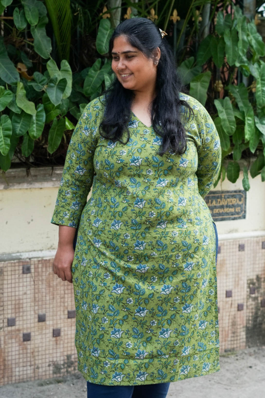 Mira - GREEN AND BLUE LEAF  -Trending print cotton straight cut kurti for office wear - LABEL ZIVARA