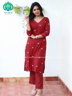 REDDISH BROWN  - Mona-  COMFY AND OFFICE WEARpure handloom cotton pre-washed Full length straight cut coord sets for women- Label Zivara