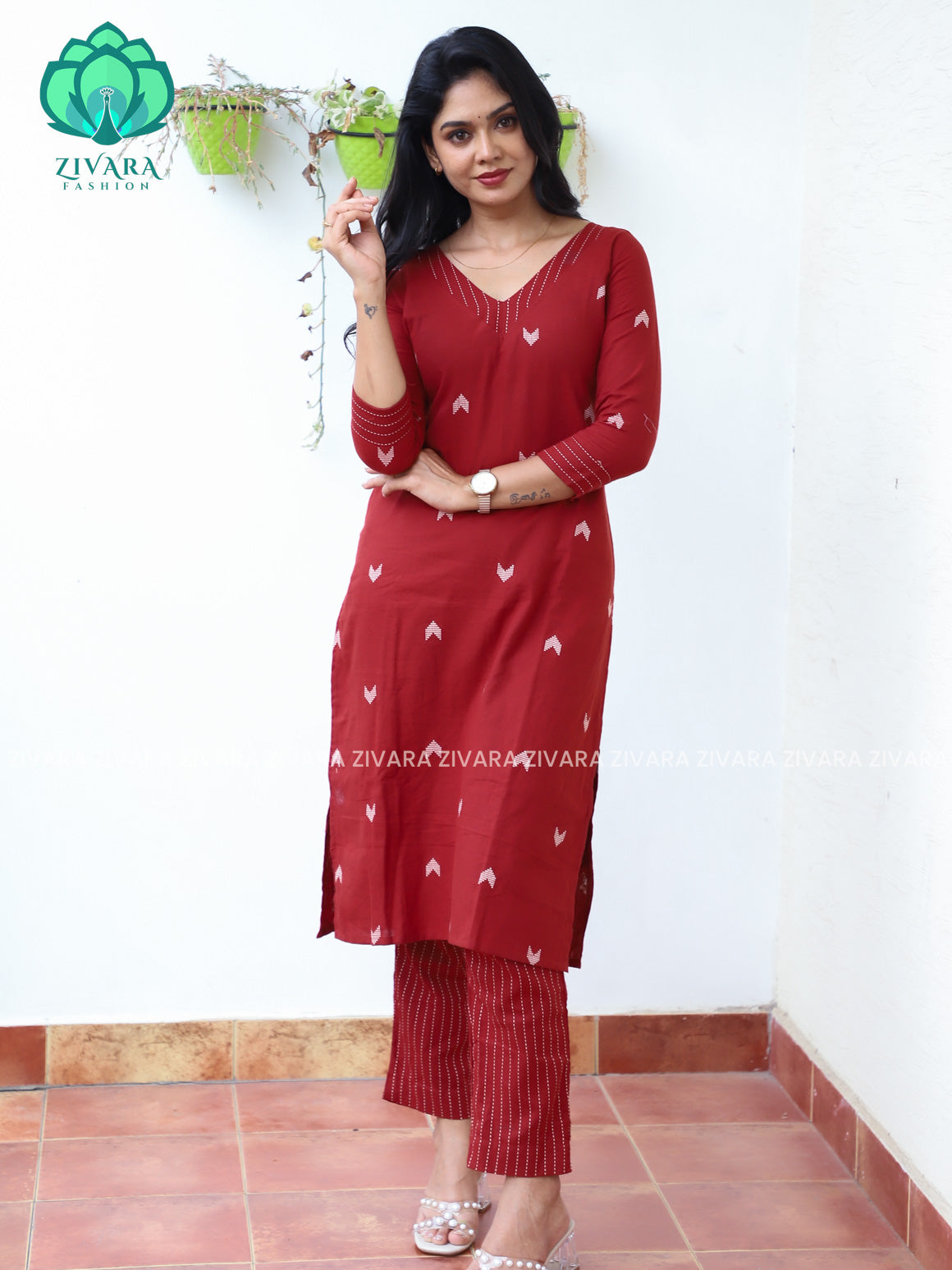 REDDISH BROWN  - Mona-  COMFY AND OFFICE WEARpure handloom cotton pre-washed Full length straight cut coord sets for women- Label Zivara