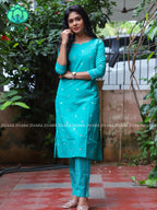 GREENISH BLUE  - Mona-  COMFY AND OFFICE WEARpure handloom cotton pre-washed Full length straight cut coord sets for women- Label Zivara