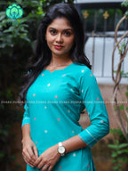 GREENISH BLUE  - Mona-  COMFY AND OFFICE WEARpure handloom cotton pre-washed Full length straight cut coord sets for women- Label Zivara