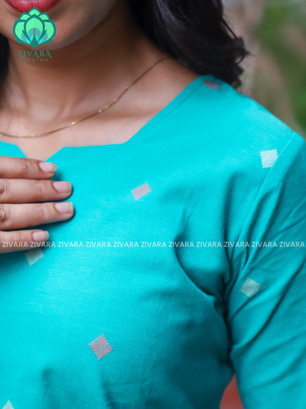 GREENISH BLUE  - Mona-  COMFY AND OFFICE WEARpure handloom cotton pre-washed Full length straight cut coord sets for women- Label Zivara