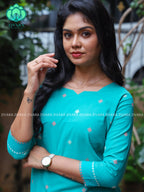 GREENISH BLUE  - Mona-  COMFY AND OFFICE WEARpure handloom cotton pre-washed Full length straight cut coord sets for women- Label Zivara