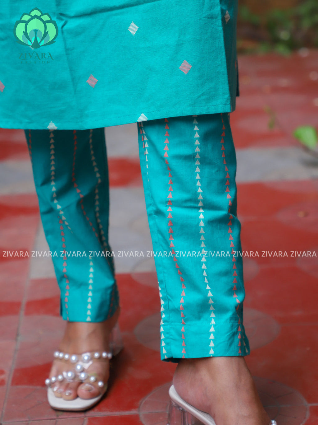 GREENISH BLUE  - Mona-  COMFY AND OFFICE WEARpure handloom cotton pre-washed Full length straight cut coord sets for women- Label Zivara