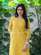 SUBTLE MUSTARD YELLOW - Mona-  COMFY AND OFFICE WEAR pure handloom cotton pre-washed Full length straight cut coord sets for women- Label Zivara